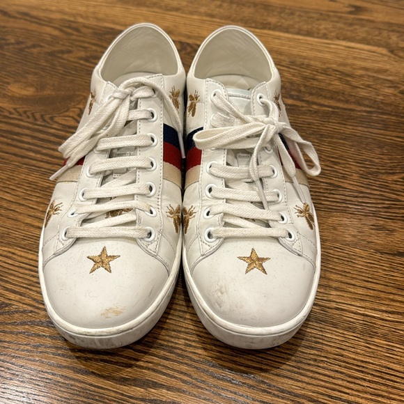 Gucci White Leather Ace Bees and Stars Embroidered Lace Up Sneakers Size 37.5 - Picture 3 of 8